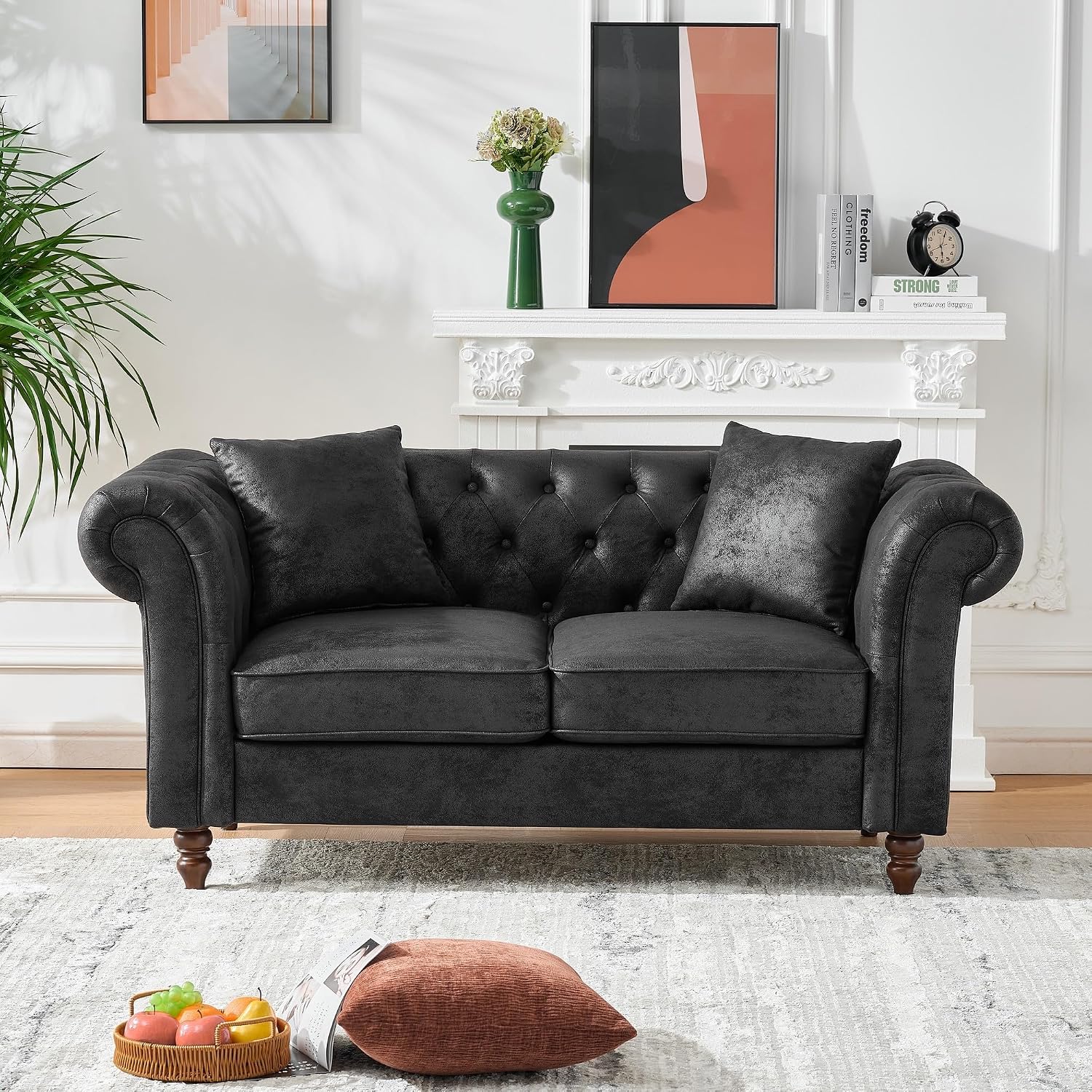 Air Leather Tufted Loveseat Couch, Rolled Arm 2-Seater Sofa with 2 Pillows, Living Room Small Apartment Office Décor