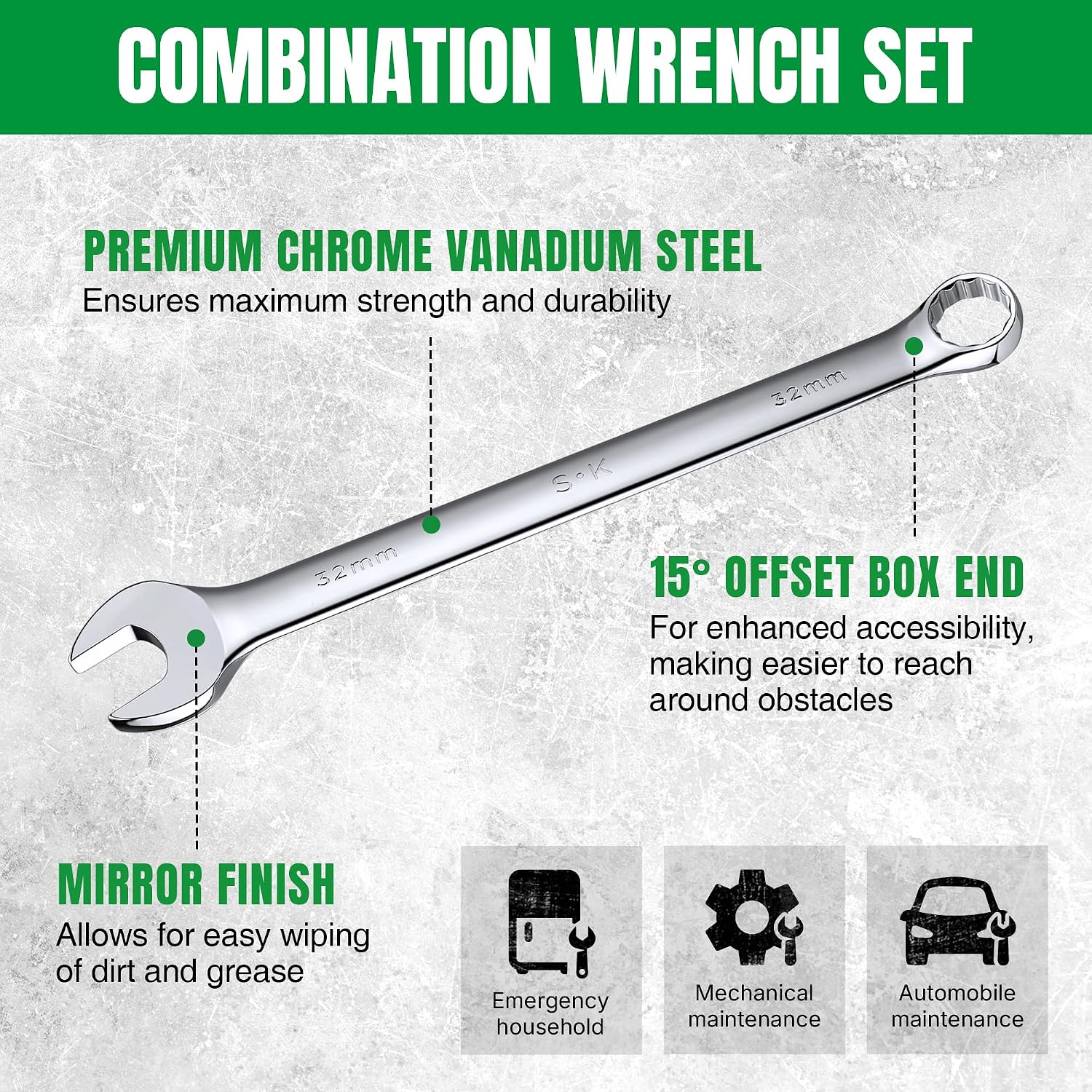 SK Combination Wrench Set, SAE 1/4' to 1-1/4', Metric 6 to 32mm, 42-Piece, SuperKrome Finish, Premium CR-V Construction, with Rolling Pouch