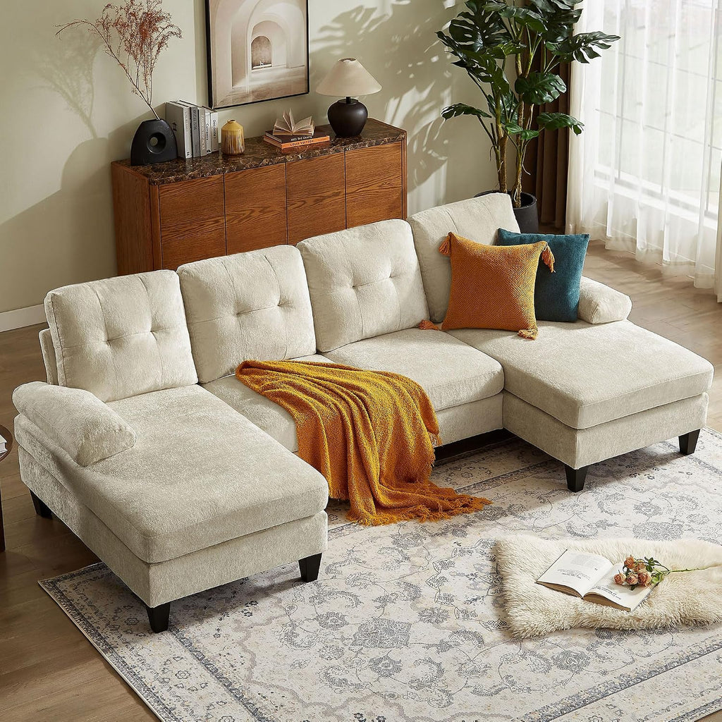 Sectional Couch for Living Room, Modern Polyester Fibre U Shaped Sofa Couches with Double Chaise, Upholstered 4 Seater Sofa for Living Room, Apartment, Office, Beige