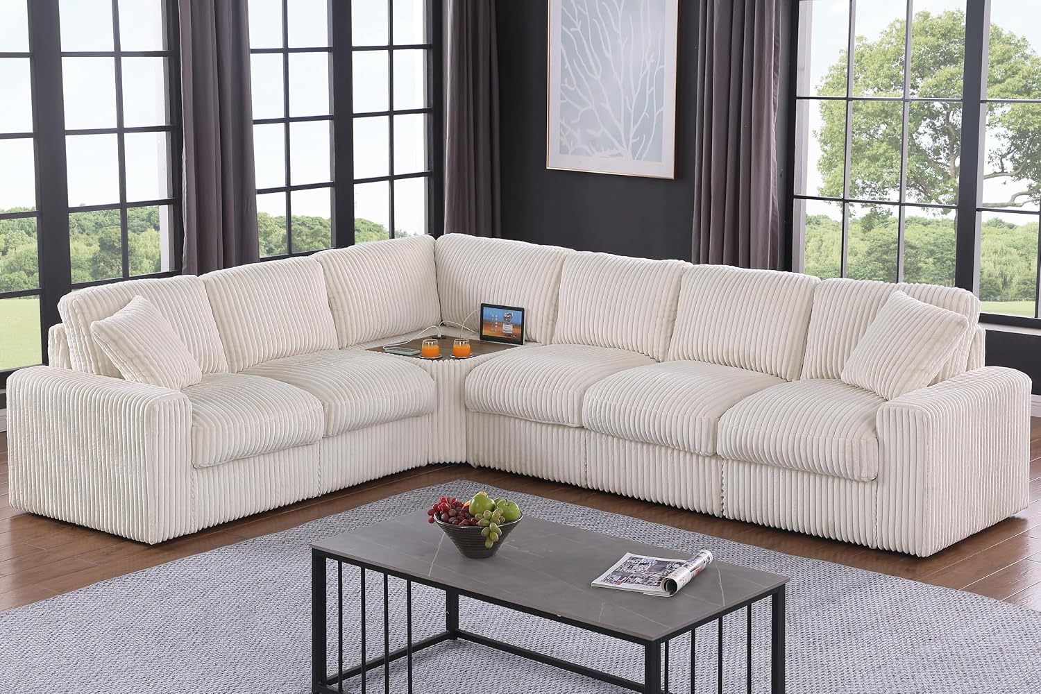 Ball & Cast 116' Oversized Modular Sectional Sofa,Large Corduroy Upholstered Couch L-Shaped 7 Seat with Movable Ottoman & 2 Pillows,Comfty Sectionals W/Cup Holders & USB Ports,for Living Room,Beige