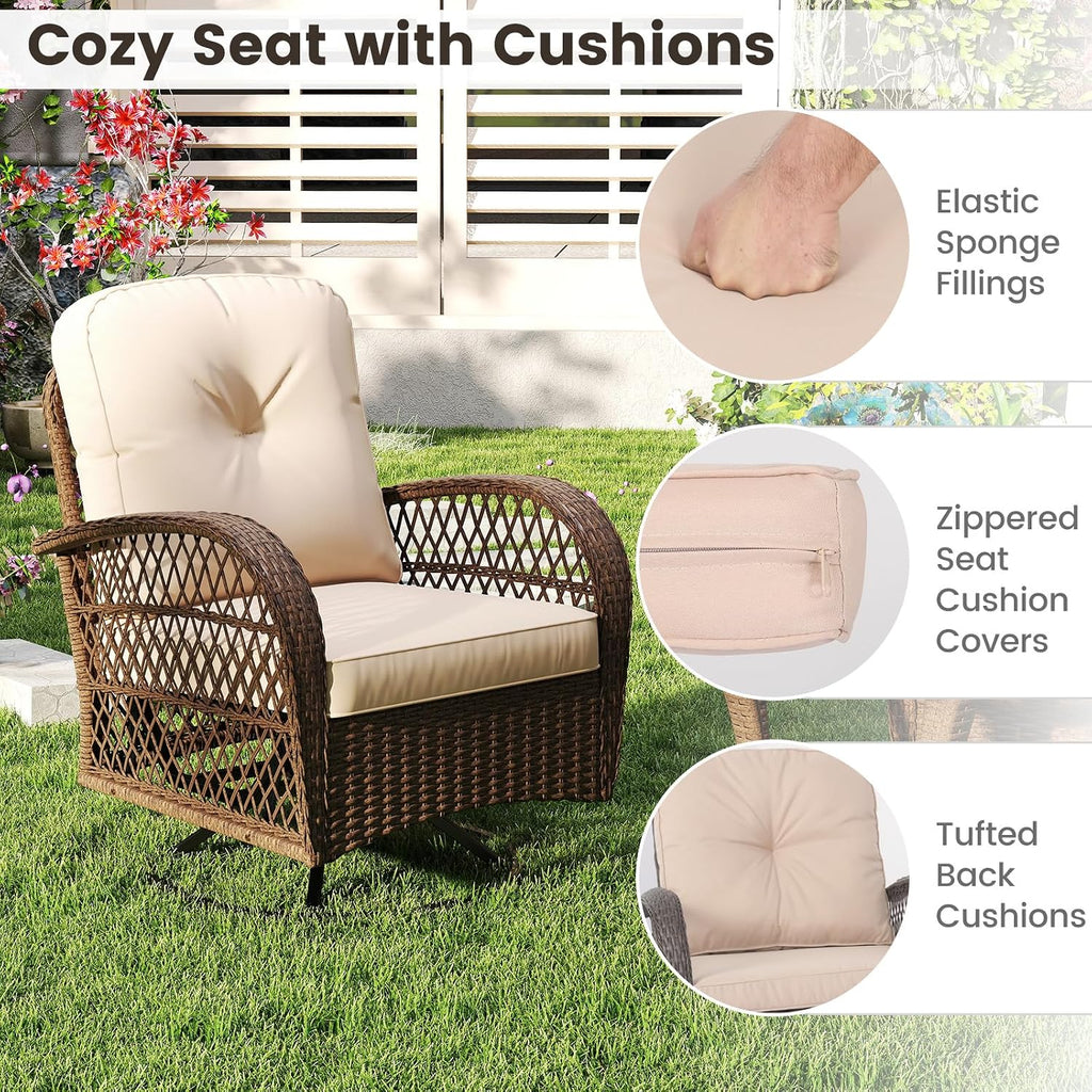 ORALNER 3 Pieces Wicker 360° Swivel Rocker Set Patio Furniture, Rocking Chairs with Cushions, Tempered Glass Coffee Table, Outdoor Rattan Bistro Set for Balcony Front Porch Deck Poolside (Beige)
