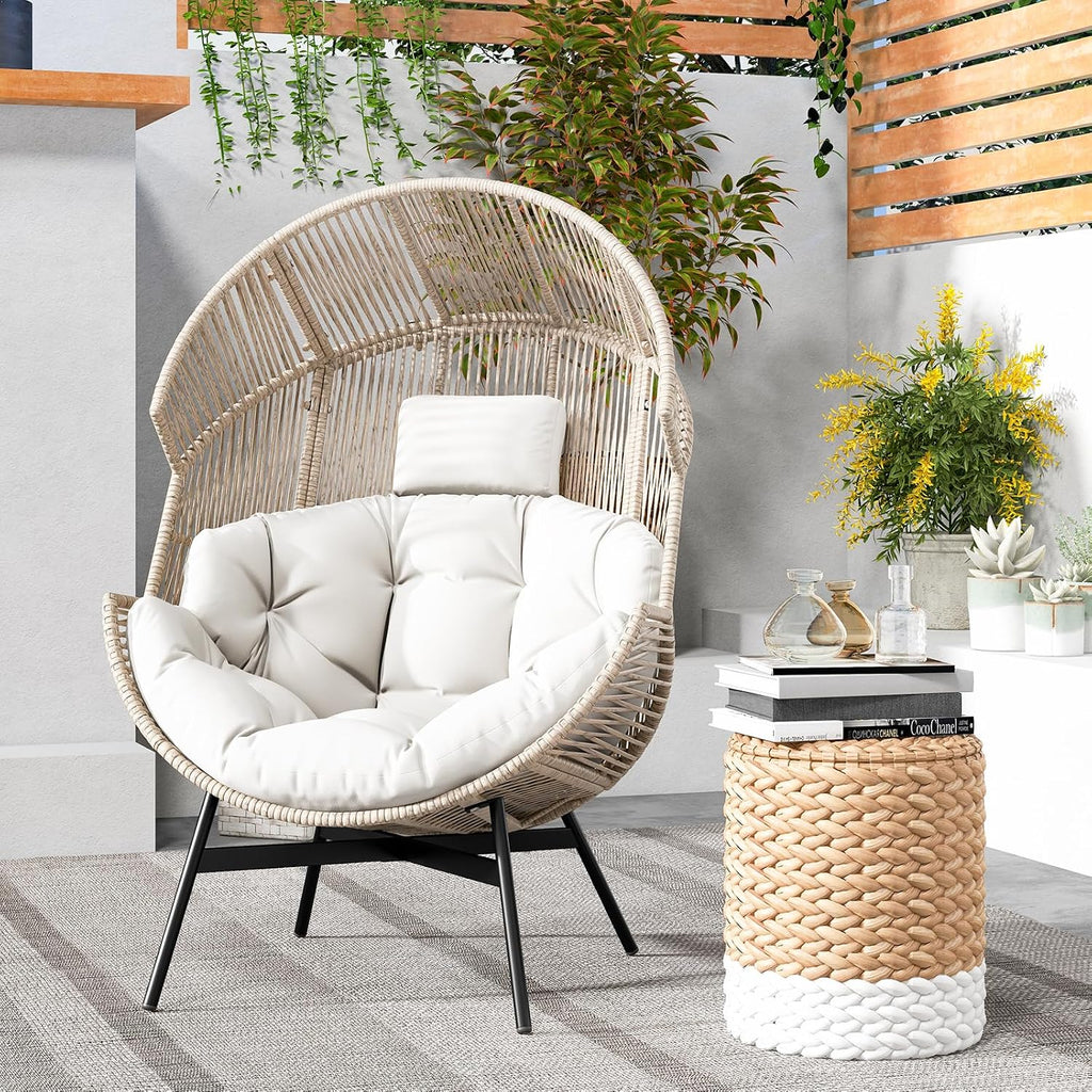 Tangkula Oversized Egg Style Chair, Wicker Stationary Patio Egg Chair w/Cushions & Headrest, Heavy-Duty Metal Frame, Patio Lounge Basket Sofa Chair for Yard, Porch, Living Room (Off White)