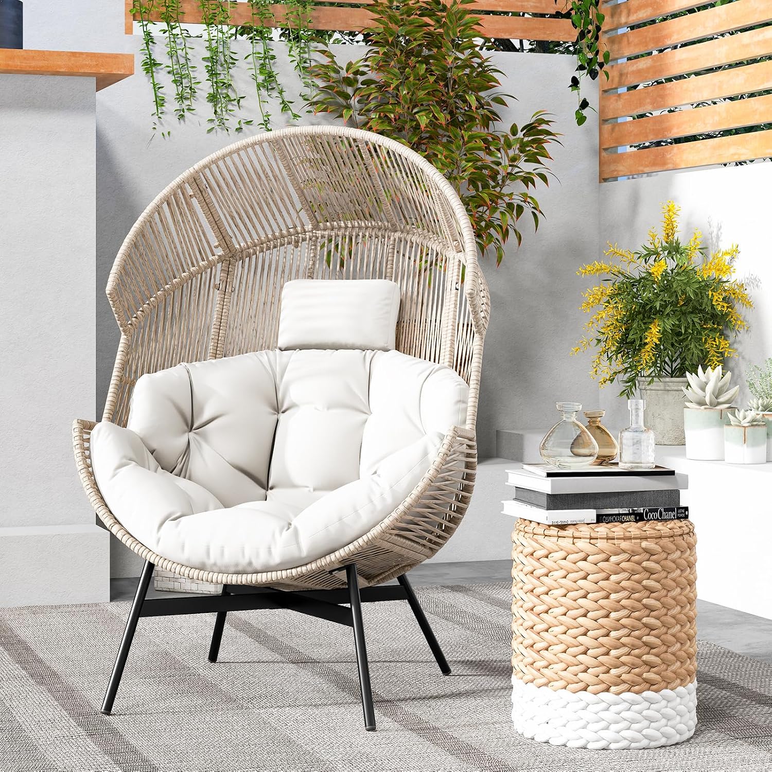Tangkula Oversized Egg Style Chair, Wicker Stationary Patio Egg Chair w/Cushions & Headrest, Heavy-Duty Metal Frame, Patio Lounge Basket Sofa Chair for Yard, Porch, Living Room (Off White)