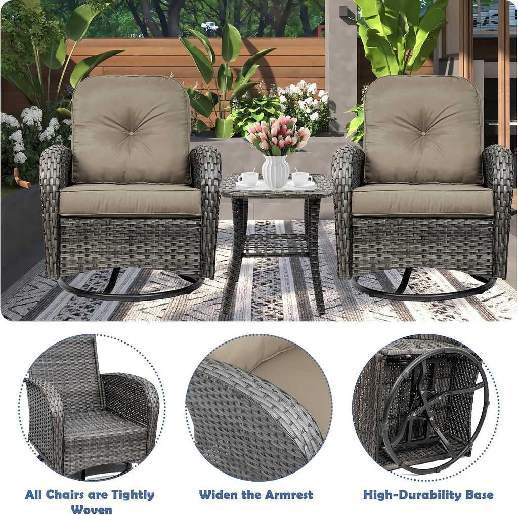 3-Piece Swivel Rocker Wicker Chair Set of 2 ，360-Degree Rocking Chairs Outdoor with Cushions，Glass Table for Garden,Backyard, Bistro.Brown