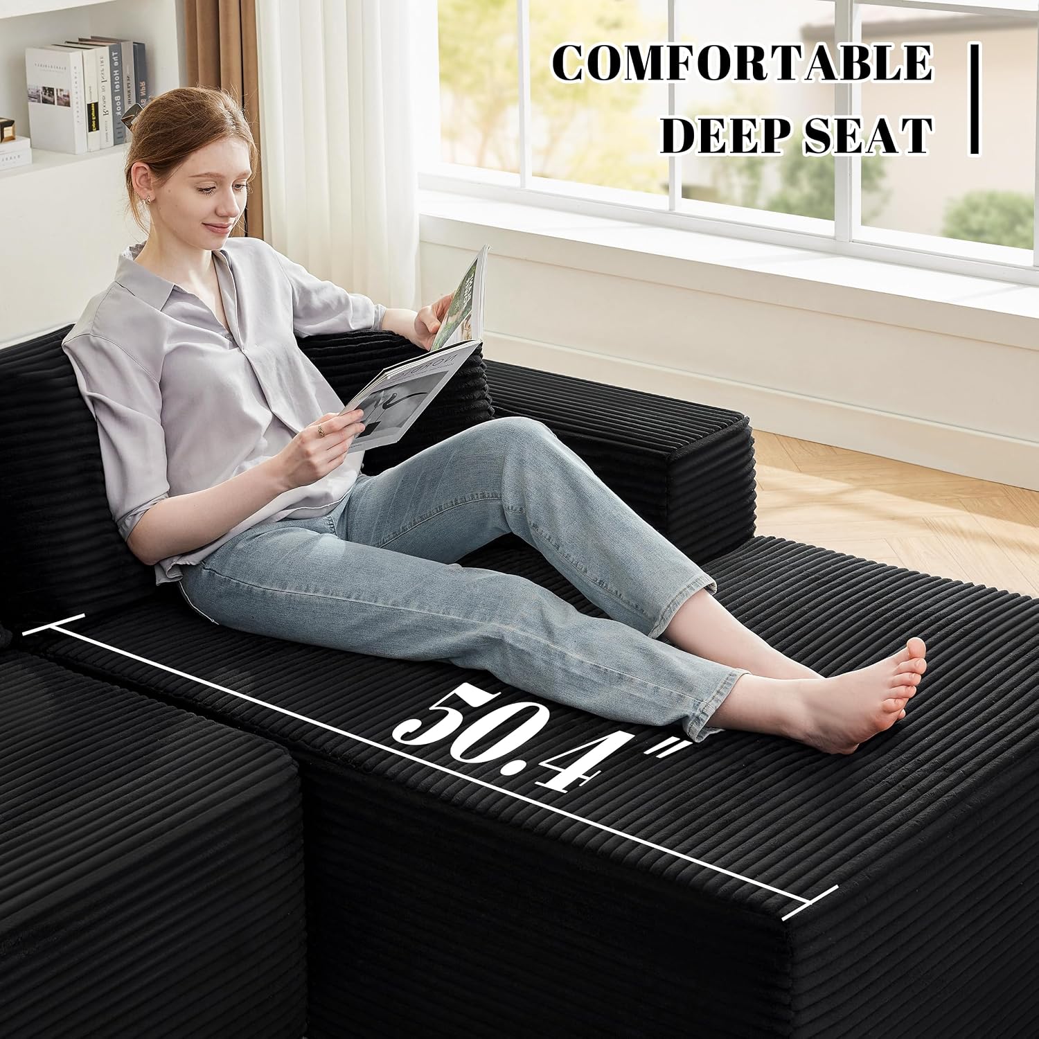Mangodan 110' Cloud Sectional Couch, Boneless Sofa for Living Room, Modular Sectional Sofa with Deep Seat, Comfy Fluffy Couch with L-Shaped Chaise, No Assembly Required (Right-Facing Chaise, Black)