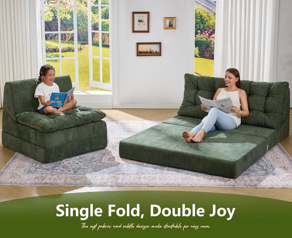 Hobestluk Sofa Couch Folding Sofa Bed Sleeper Comfy Floor Lounger Loveseat Sofa with Removable Cushion Couches Foldable Mattress for Living Room Bedroom or Office (Chenille Green, Oversize)