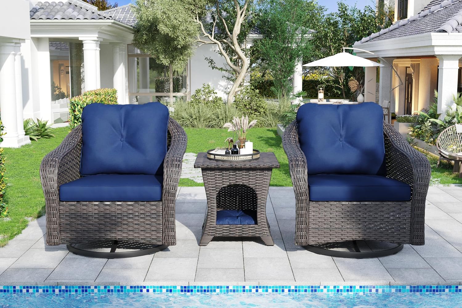 Wicker Swivel Rocking Chairs Set 2 with Storage Side Table - Outdoor Brown Wicker Swivel Glider Chair Outdoor Rocking Chair with Water-Resistant Cushions, Blue