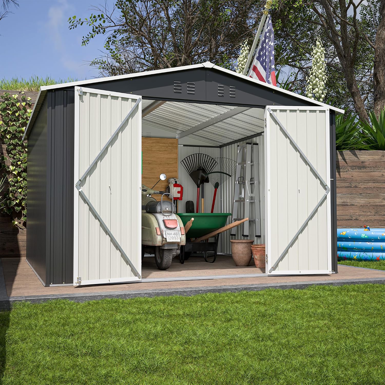 10x10 FT Shed Outdoor Storage Shed Metal Garden Shed with Lockable Doors & Slooping Roof Tool Shed Bike Shed for Backyard, Patio, Poolside (Black)