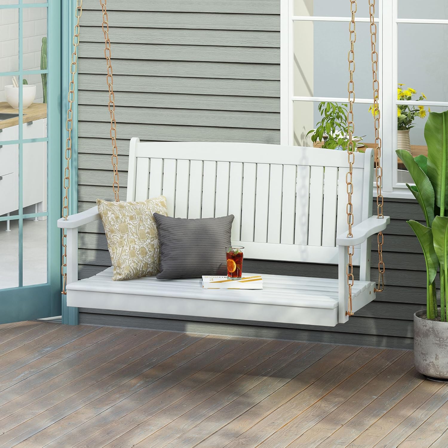 Outdoor Double Solid Wood Swing Chair, Thickened Teak Wood with backrest, Courtyard Balcony Hanging Leisure Rocking Chair, Decorating a Warm Home