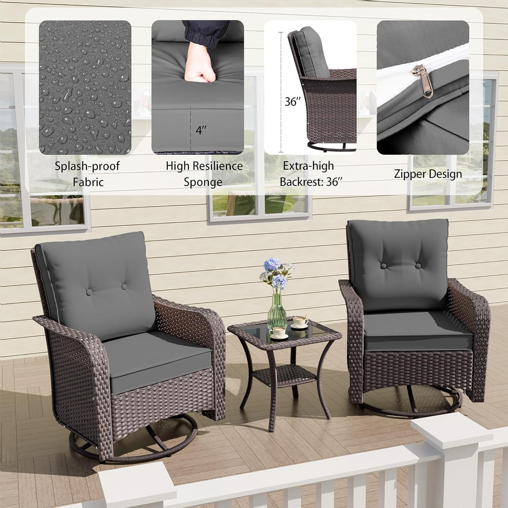 ALAULM Outdoor Swivel Rocking Chairs Set of 2 with 4'Thick Cushions and High Back, Wicker Patio Chairs w/Side Table for Patio, Porch, Poolside, Deck, Backyard, Garden-Grey