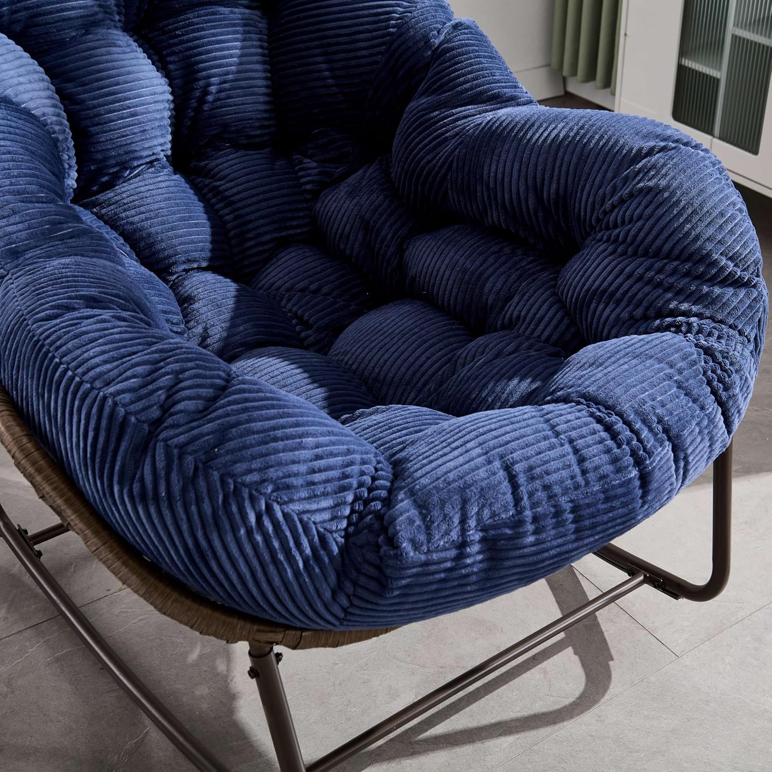 Wicker Outdoor Rocking Chair Rattan Egg Chair with Thick Cushion 30° Smooth Rocking Patio Lounge Reclining for Indoor Outdoor Use Living Room Front Porch Balcony Lawn Garden, Navy Blue