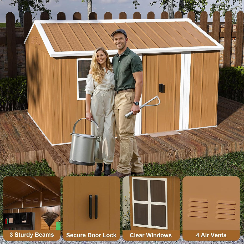 Montary 8X12 FT Outdoor Storage Shed with Windows, Lockable Door & Ventilation - Weatherproof Metal Garden Shed, Outdoor Tool Storage House for Backyard, Lawn, Patio,Yard