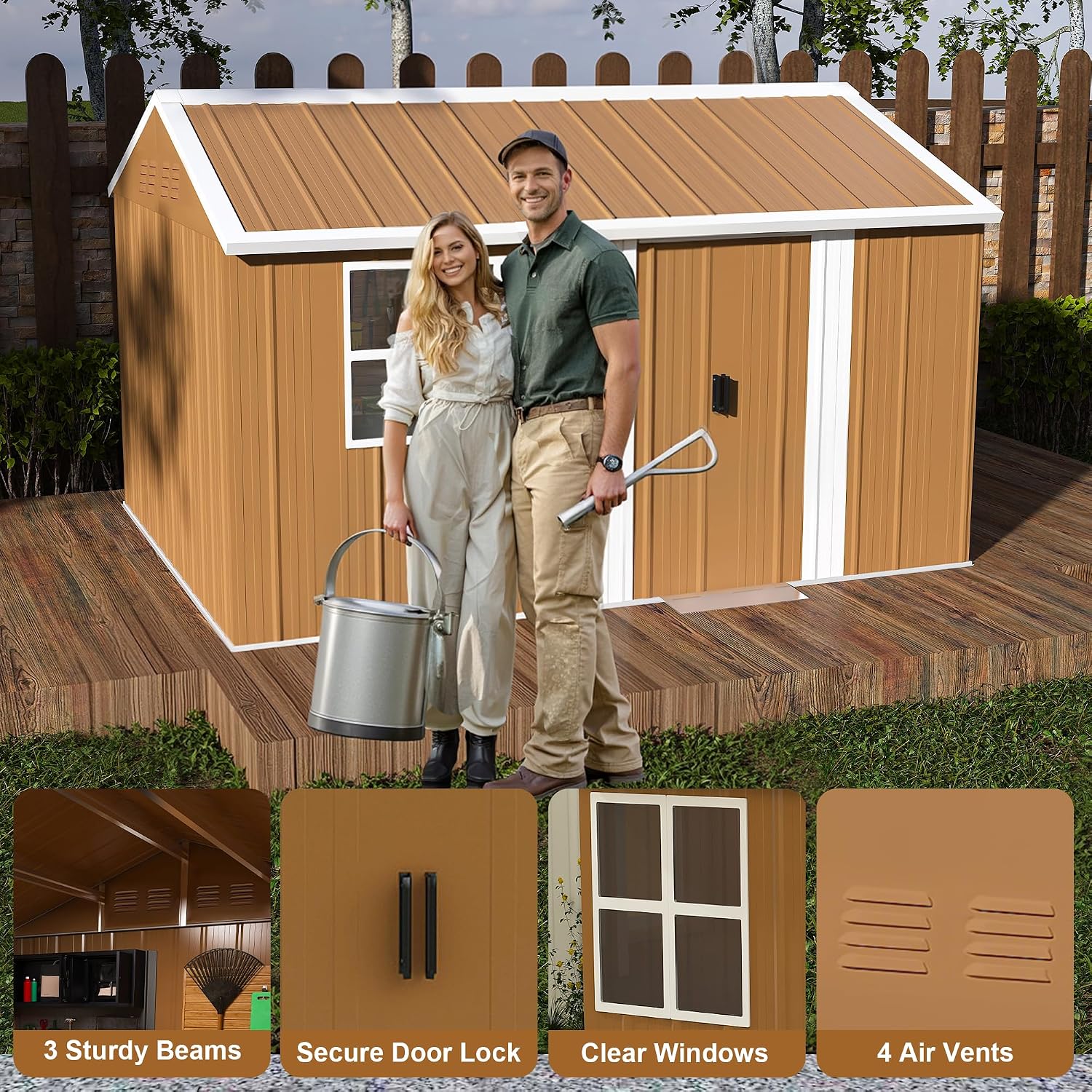 Montary 8X12 FT Outdoor Storage Shed with Windows, Lockable Door & Ventilation - Weatherproof Metal Garden Shed, Outdoor Tool Storage House for Backyard, Lawn, Patio,Yard