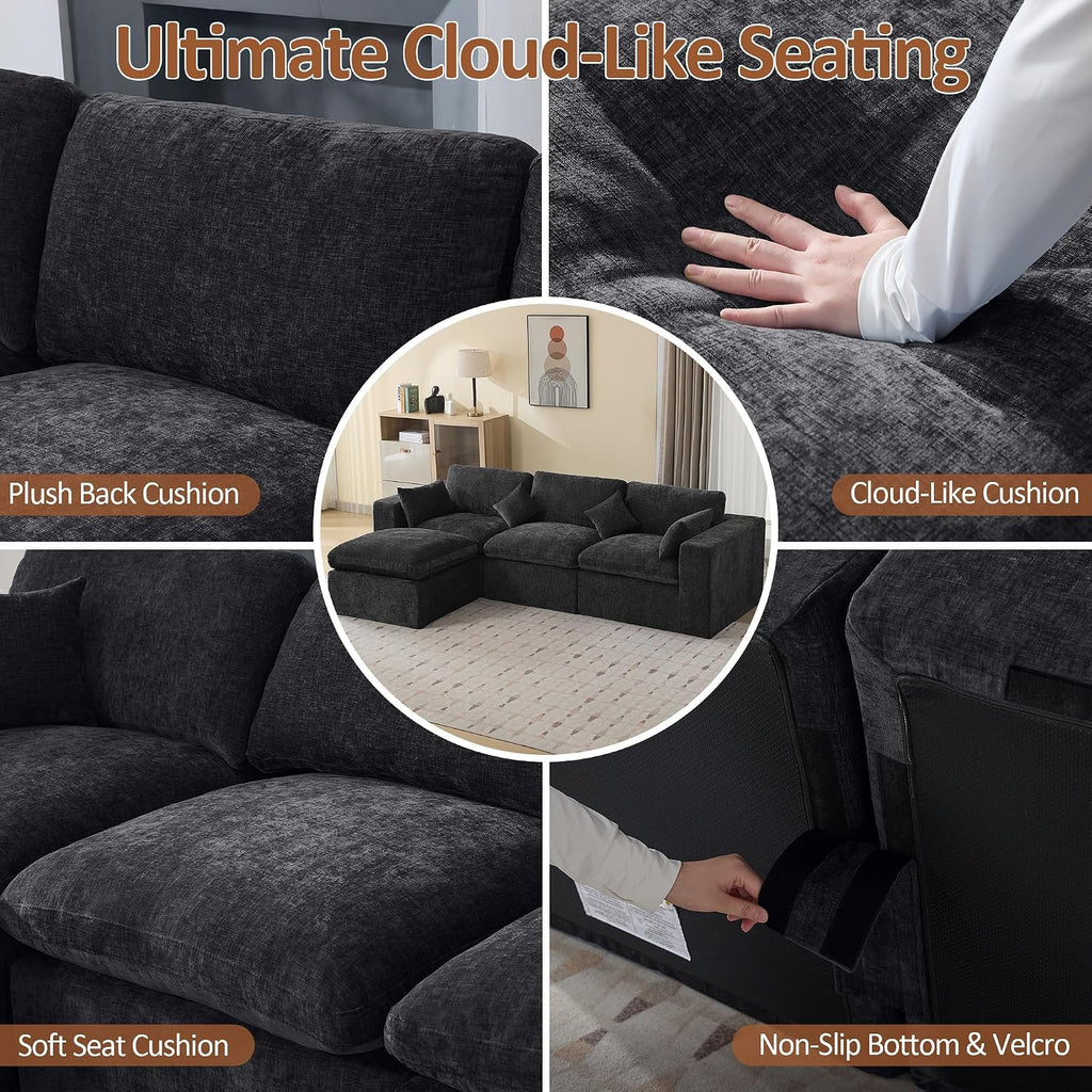 115''Cloud Boneless Sectional Couch, Modular Sectional Sofa Deep Seat with Ottoman, Oversized Upholstered Convertible Comfy 4 Seater Chenille Sofa L Shape Couches for Living Room, Dark