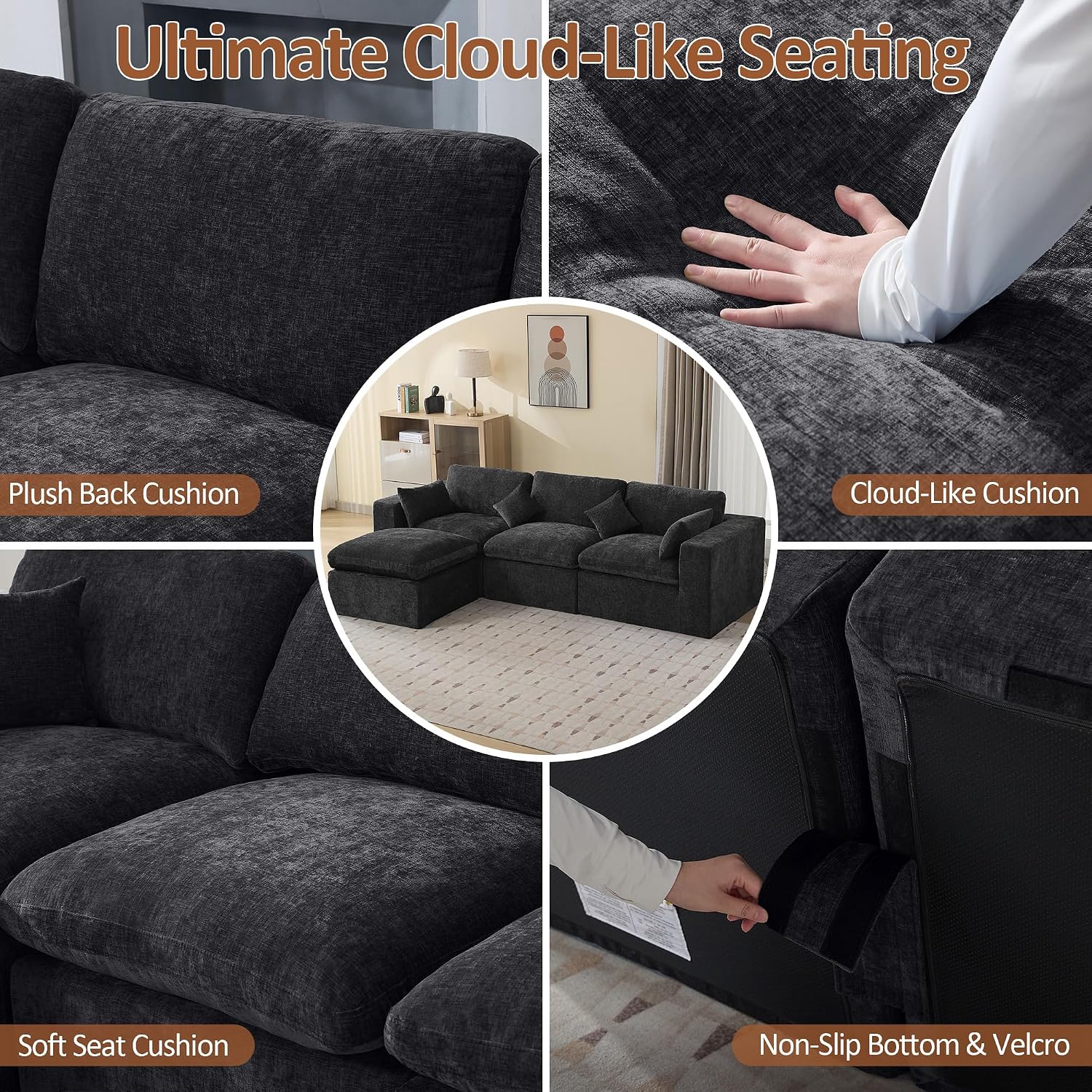115''Cloud Boneless Sectional Couch, Modular Sectional Sofa Deep Seat with Ottoman, Oversized Upholstered Convertible Comfy 4 Seater Chenille Sofa L Shape Couches for Living Room, Dark