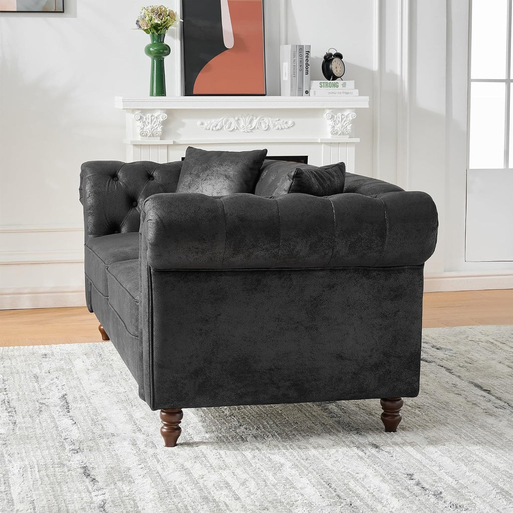 Air Leather Tufted Loveseat Couch, Rolled Arm 2-Seater Sofa with 2 Pillows, Living Room Small Apartment Office Décor