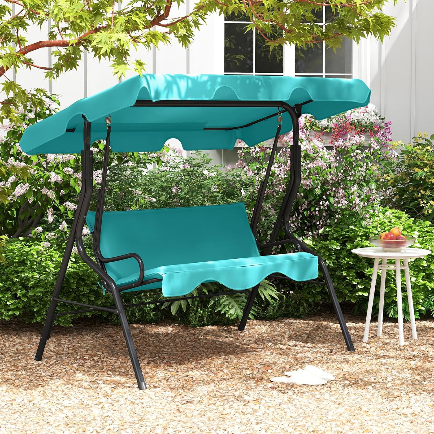 Tangkula 3 Person Porch Swing, Patio with Removable Cushion & Powder-Coated Steel Frame, Outdoor Swing with Canopy for Porch, Backyard, Garden, Balcony (Turquoise)