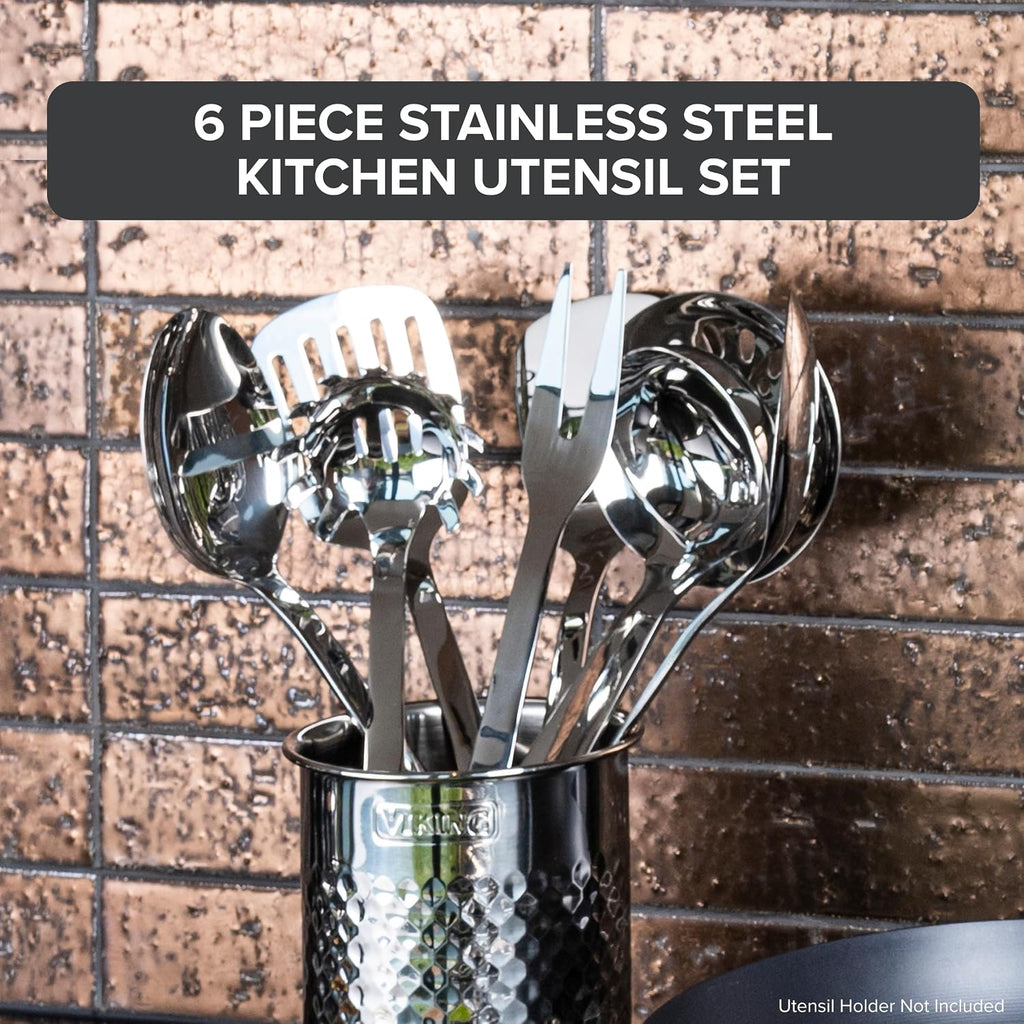Viking Kitchen Utensils Set, 6 Piece Stainless Steel Cooking Utensil Set, Includes Spatulas, Spoons, Pasta Fork, and Deep Ladle, Hollow Forged, Silver