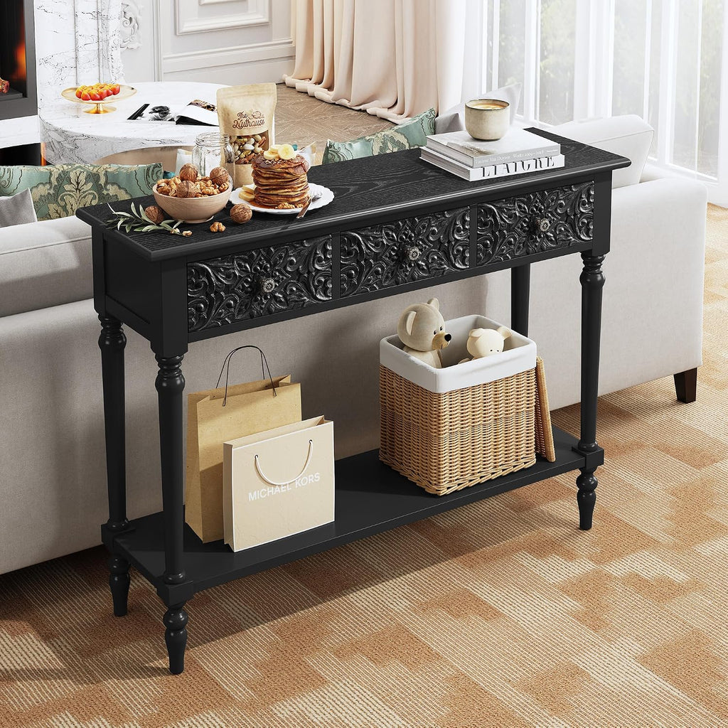 3More Entryway Console Table with 3 Drawers,42' Carved Hallway Table with Open Shelf,Long Sofa Table for Living Room, Hallway, Behind Couch,Black