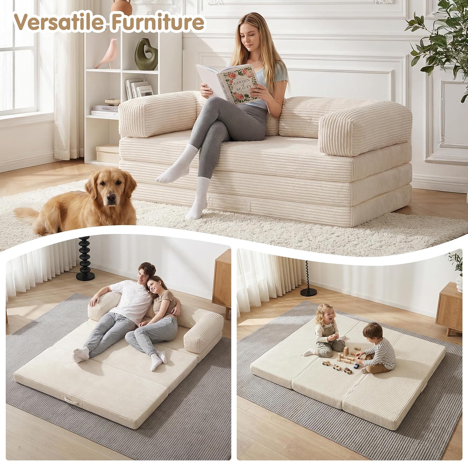 5-in-1 Convertible Sofa Bed,60' Boneless Couch Tri Folding Floor Mattress with Removable L-Shaped Armrests & Handle,Corduroy Futon Couch Sleeper with Pull Out Bed for Living Room Bedroom Apartment