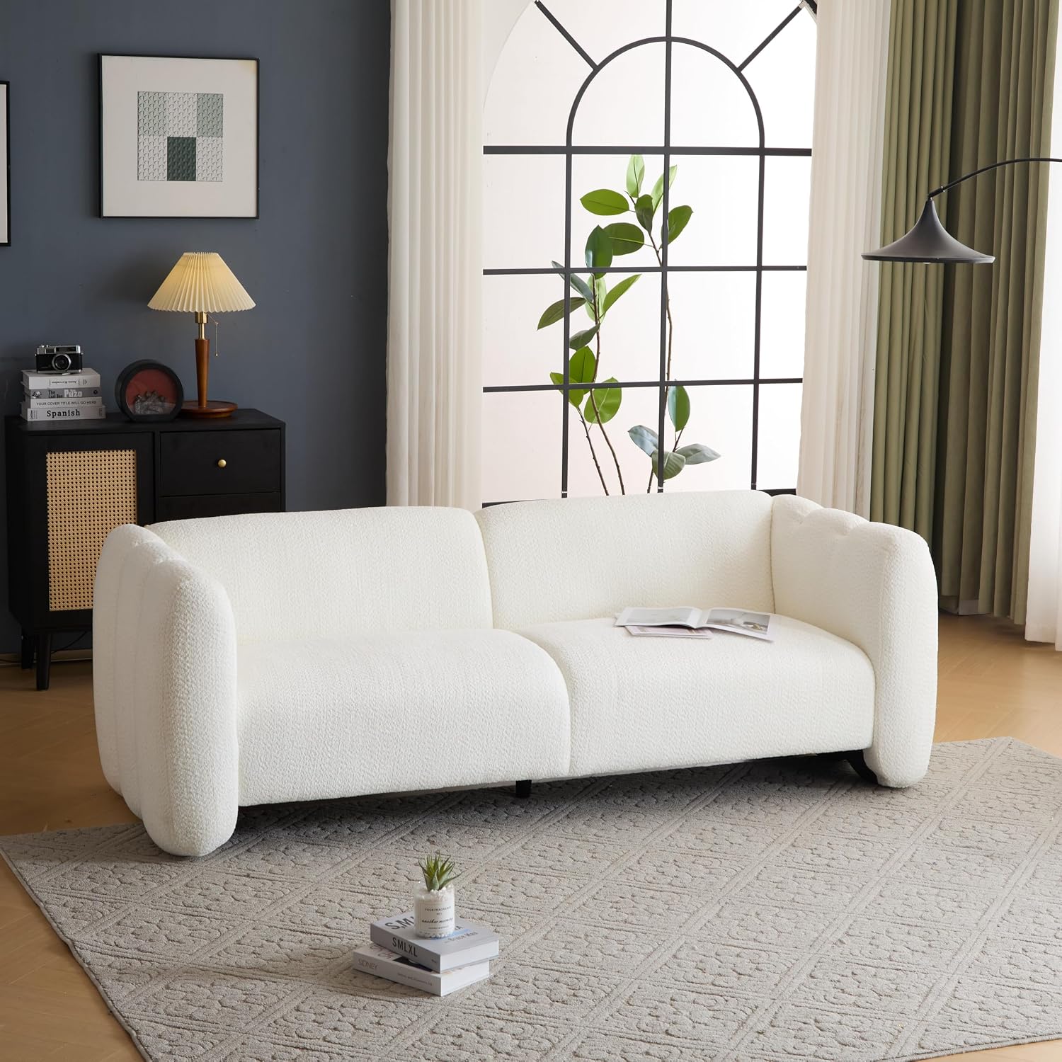 Christopher Knight Home Carine 83'' Sofa Couch, Cozy Boucle Fabric Upholstered 3-Seater Seating Sofa, Comfy Couches for Living Room and Office, Modern Oversized Loveseat, Curved Wave Design, White