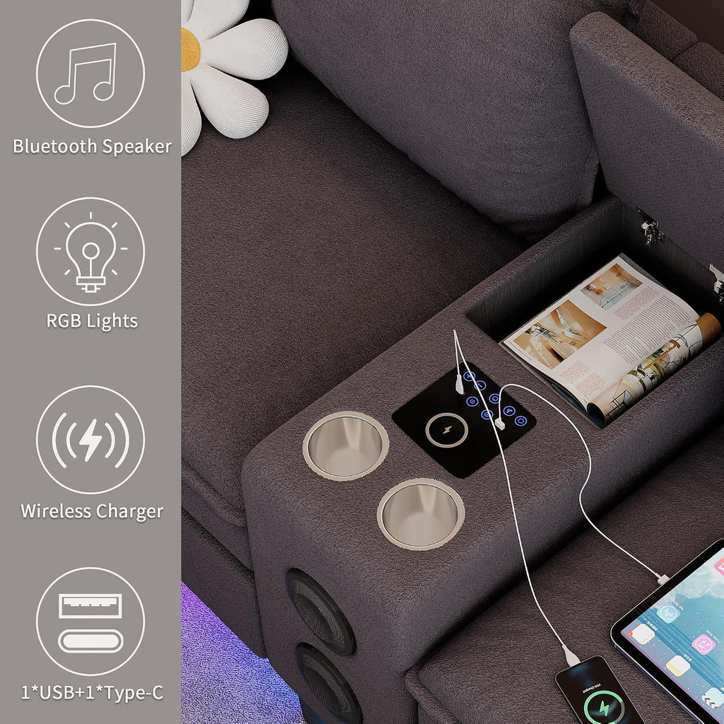 Sectional Couches for Living Room, 4 Seat Sectional Sofa with Smart Module-Bluetooth Speaker/RGB Light/Charging Station, Teddy Fleece U Shaped Cloud Couch with Storage Ottoman (Dark Grey)