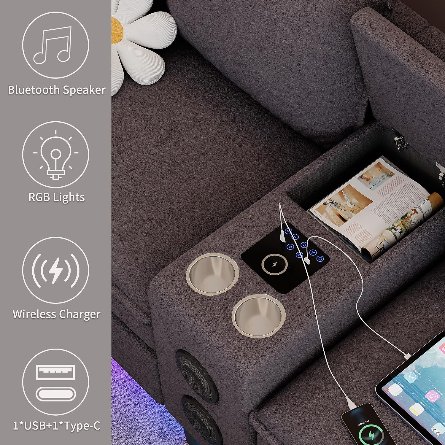 Sectional Couches for Living Room, 4 Seat Sectional Sofa with Smart Module-Bluetooth Speaker/RGB Light/Charging Station, Teddy Fleece U Shaped Cloud Couch with Storage Ottoman (Dark Grey)