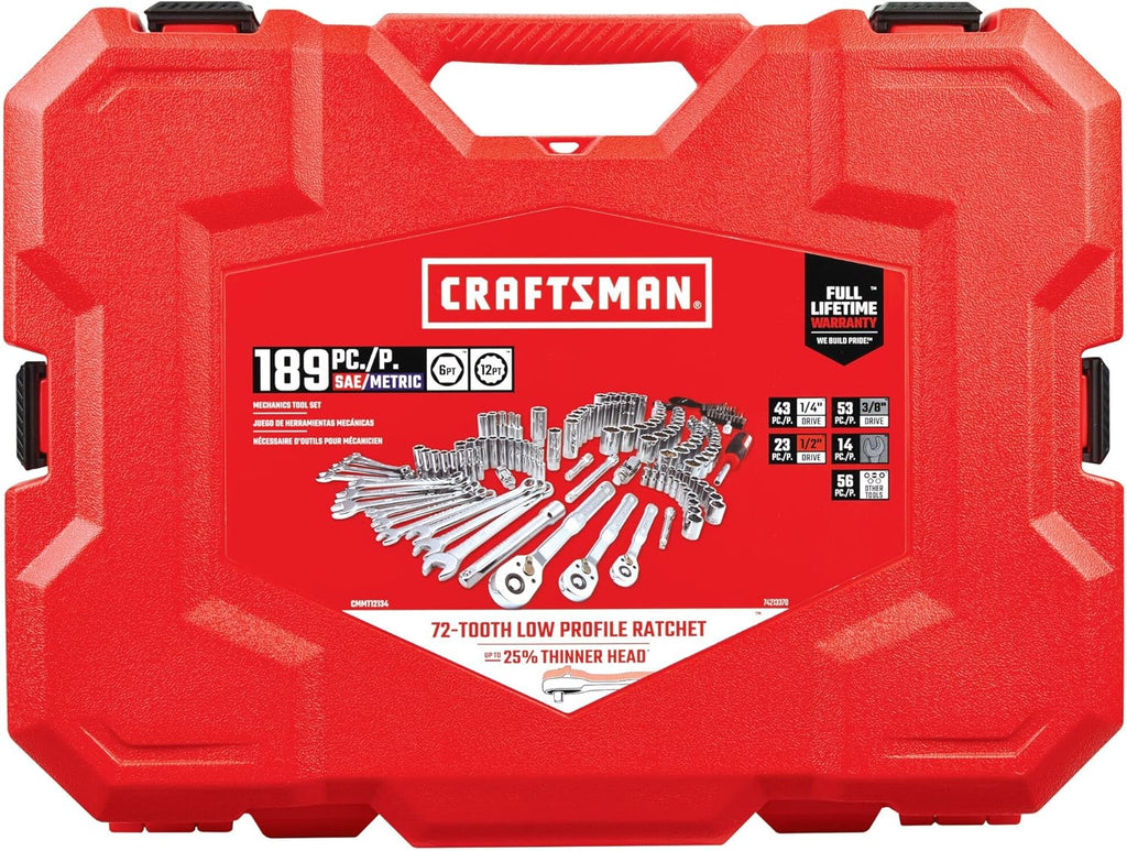 CRAFTSMAN Mechanic Tool Set 189 Pcs, 1/4, 3/8, 1/2 Socket Set with 72 Tooth Low Profile Ratchet, Steel 6 and 12 point Sockets, Wrenches, Hex Keys, Deep Sockets, Bits, Metric and SAE (CMMT12134)