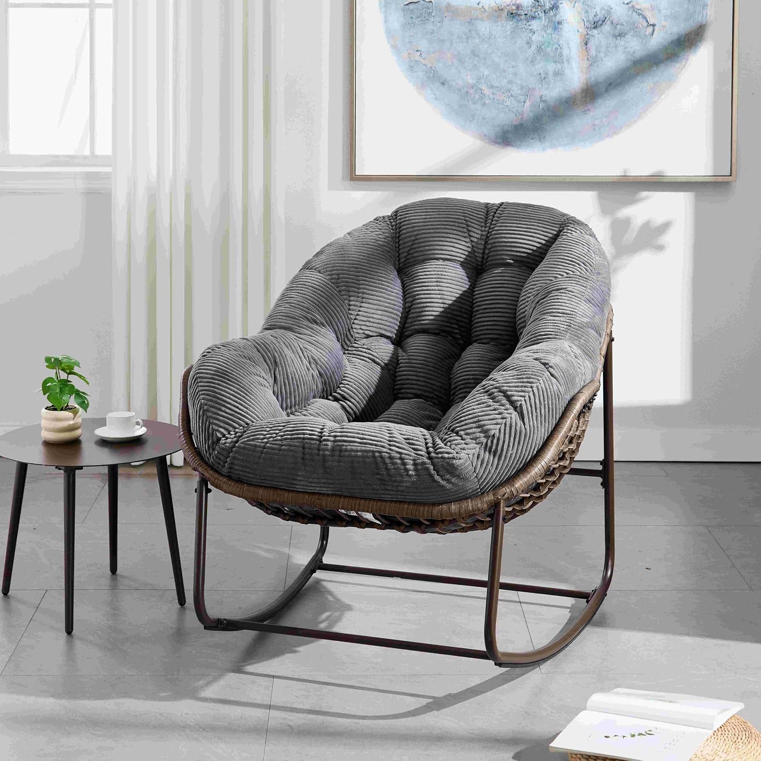 Wicker Outdoor Rocking Chair Rattan Egg Chair with Thick Cushion 30° Smooth Rocking Patio Lounge Reclining for Indoor Outdoor Use Living Room Front Porch Balcony Lawn Garden, Grey