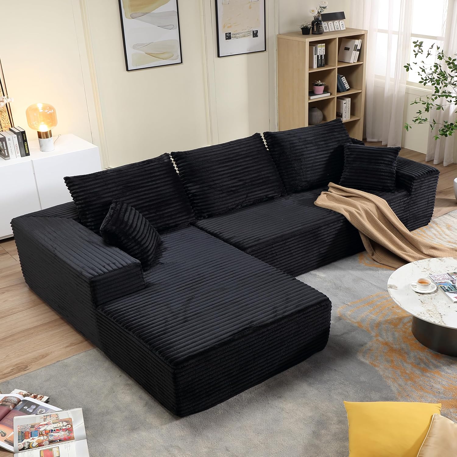 96' Cloud Sectional Couch with L-Shape Chaise, Modern Corduroy Boneless Couch for Living Room,Memory Foam Sofa with Deep Seat,No Assembly Required (Black,Right-Facing Chaise)
