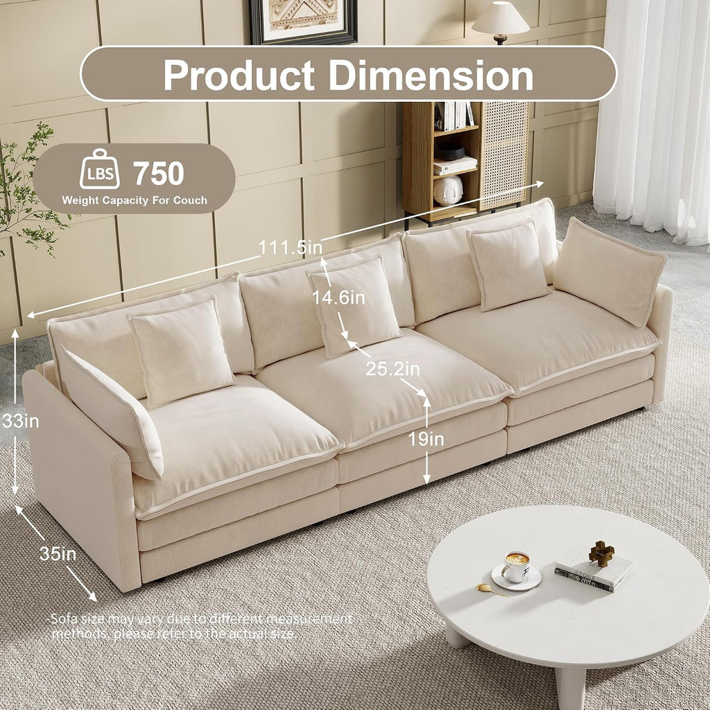Modular Sectional Sofa, 111.5 Inch I-Shaped Cloud Sofa with Deep Seat Chenille Sofa with Cushions, Three-Self Sectional Sofa for Living Room Apartment,Light Coffee