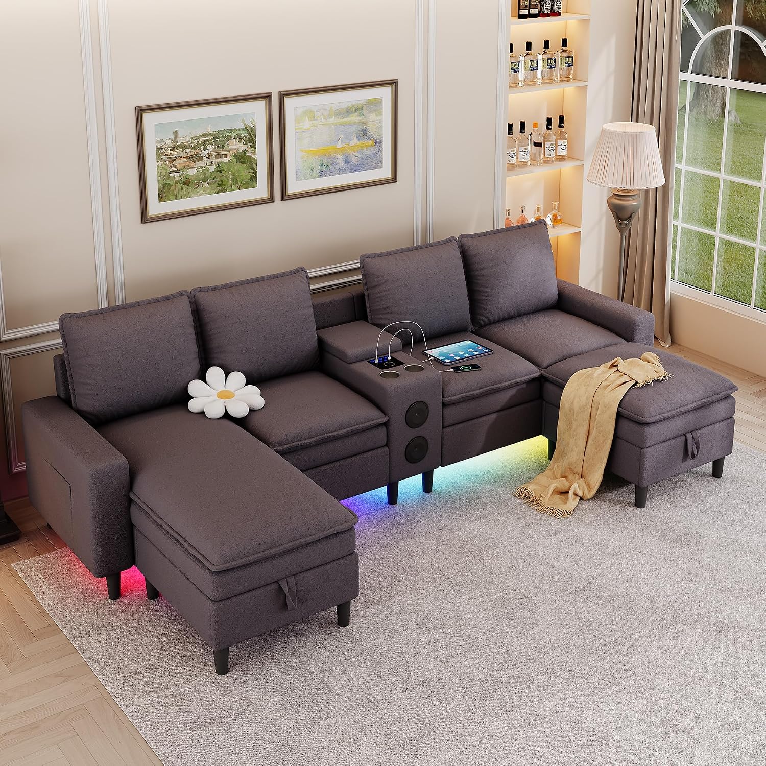 Sectional Couches for Living Room, 4 Seat Sectional Sofa with Smart Module-Bluetooth Speaker/RGB Light/Charging Station, Teddy Fleece U Shaped Cloud Couch with Storage Ottoman (Dark Grey)