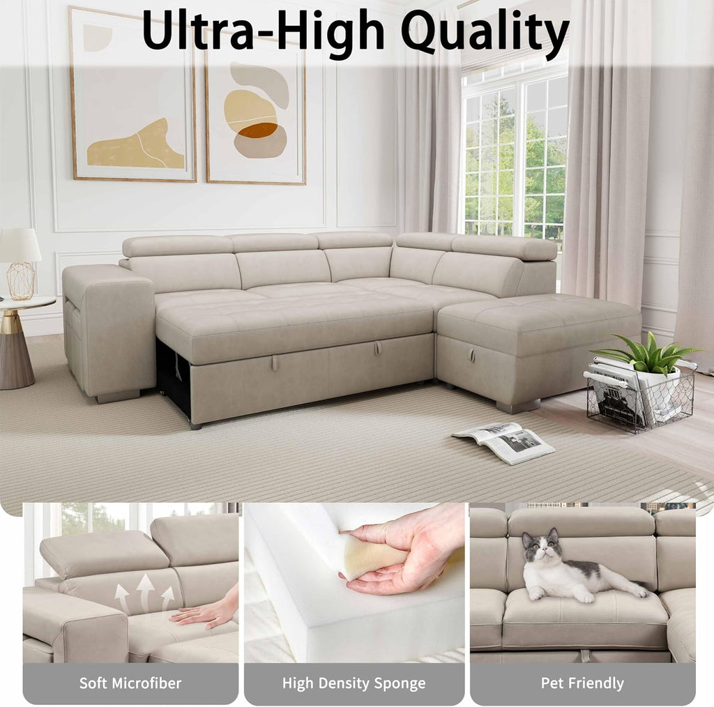 THSUPER 104'' Microfiber L Shaped Sectional Sleeper Sofa Couch with Pull Out Bed and Storage Ottoman, Convertible Couches with Adjustable Headrest for Living Room, Right Facing Chaise. Beige