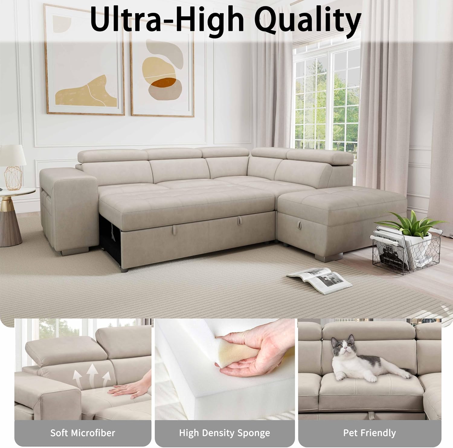 THSUPER 104'' Microfiber L Shaped Sectional Sleeper Sofa Couch with Pull Out Bed and Storage Ottoman, Convertible Couches with Adjustable Headrest for Living Room, Right Facing Chaise. Beige