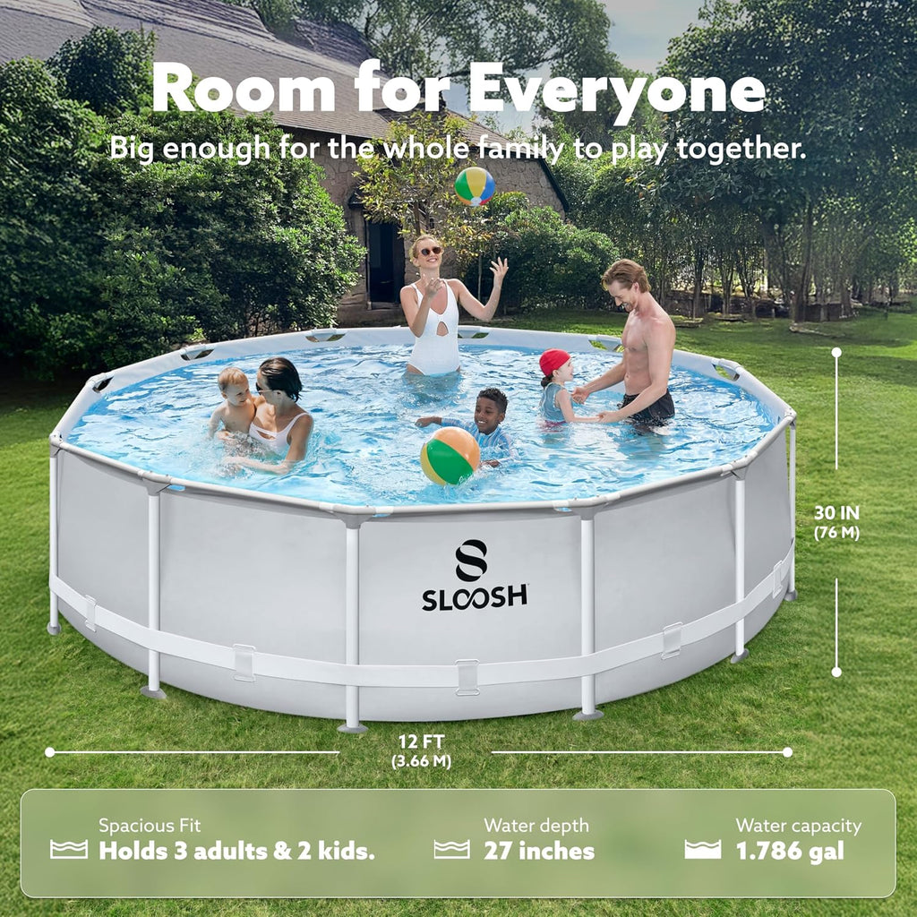 SLOOSH Round Above Ground Pool - 12ft x 30inch Outdoor Round Frame Above Ground Swimming Pool Set for Kids Adults with Filter Pump