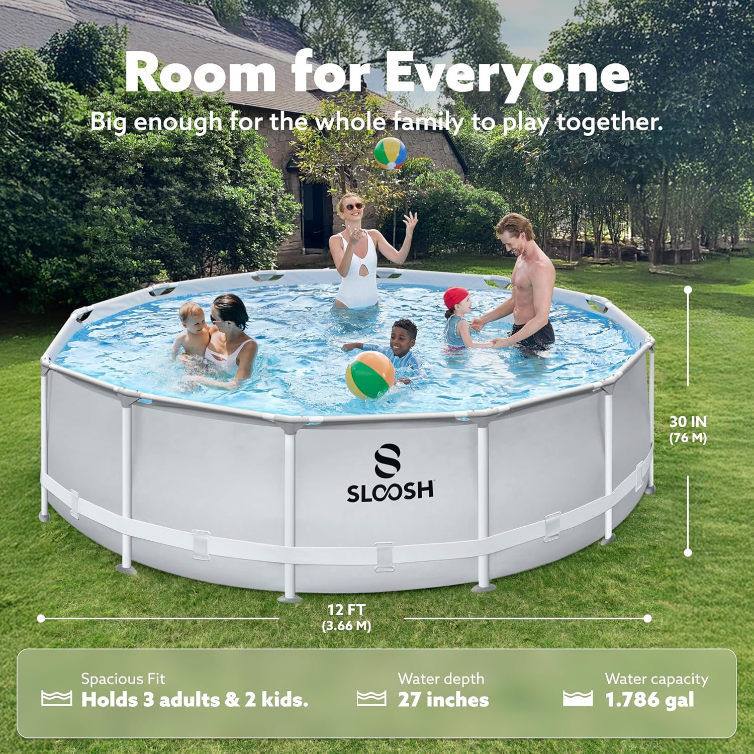 SLOOSH Round Above Ground Pool - 12ft x 30inch Outdoor Round Frame Above Ground Swimming Pool Set for Kids Adults with Filter Pump