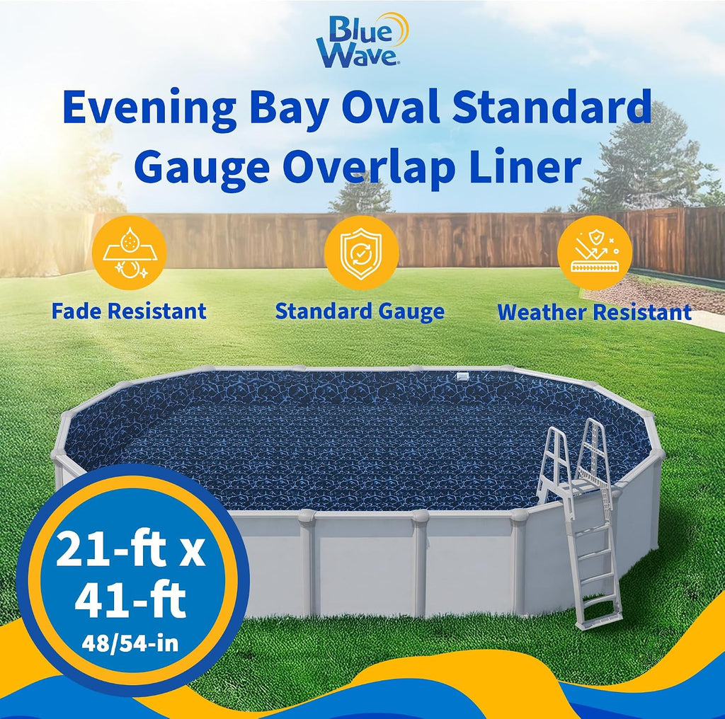 Blue Wave Evening Bay 21-ft x 41-ft Overlap Oval Pool Liner for Above-Ground Steel Wall Pools – Weather Resistant Standard Gauge Vinyl w/Welded Seams – Dark Blue, 48/54-In Depth Walls
