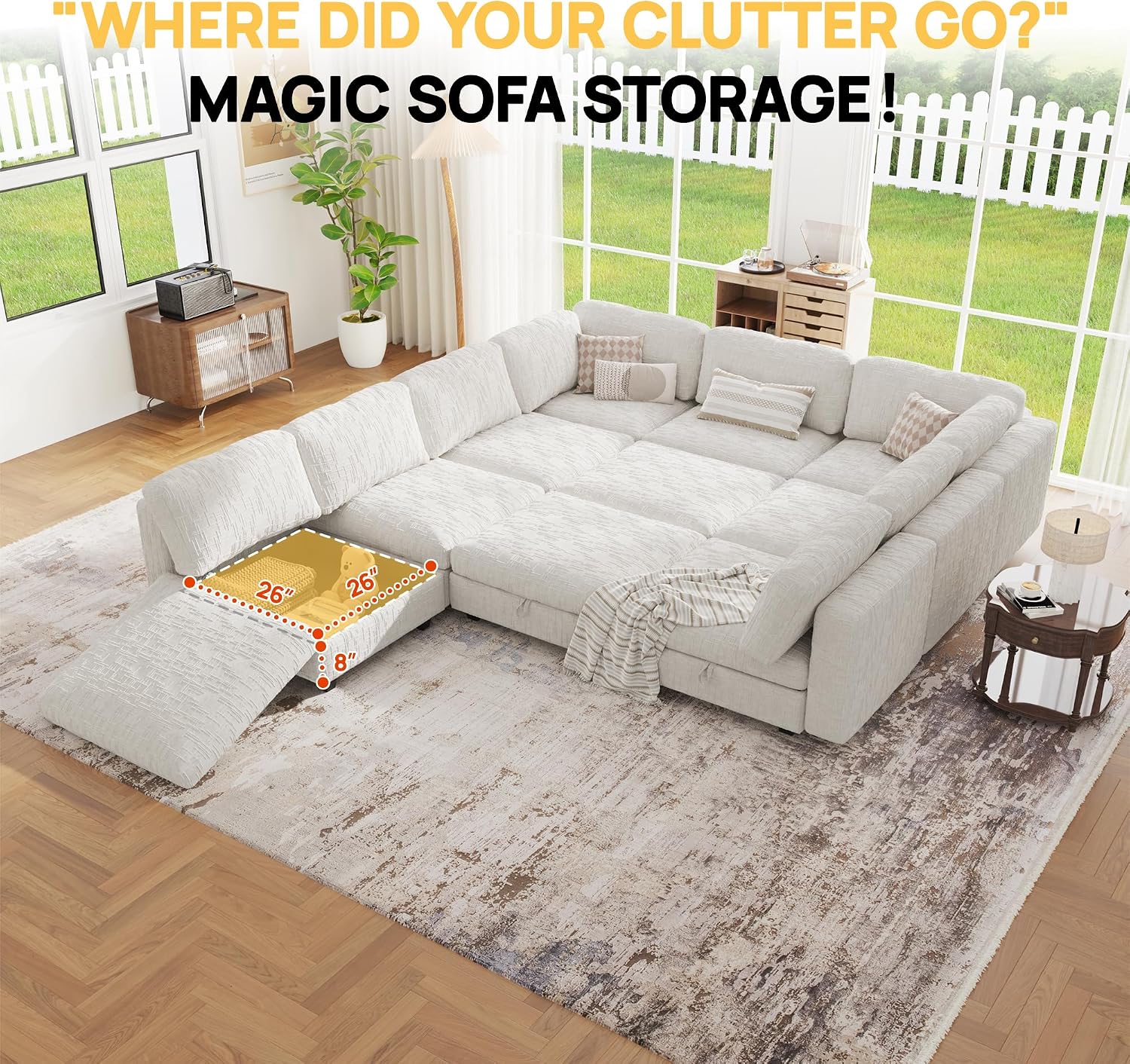 Oversized Modular Sectional Chenille Sofa Bed with Hidden Storage, Comfy Modern 10 Seater Deep Seat Couch, Modular Sectional with Ottoman and Removable Cover for Living Room, Apartment, Beige