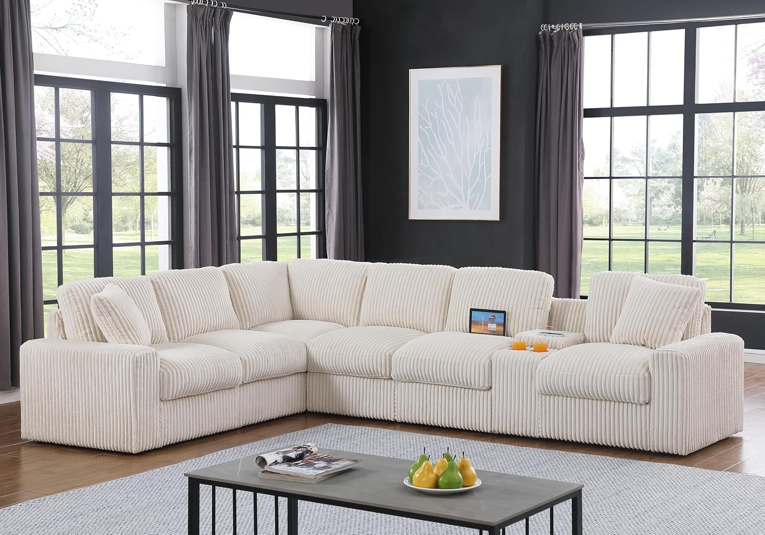Ball & Cast 127' Modular Sectional Sofa,Modern Oversized Cloud Couch with Cup Holder&USB Port,7 Seat Convertible L-Shaped Corduroy Sofas W/Ottoman,Pillows&Storage Box,Comfy Couch for Living Room,Beige