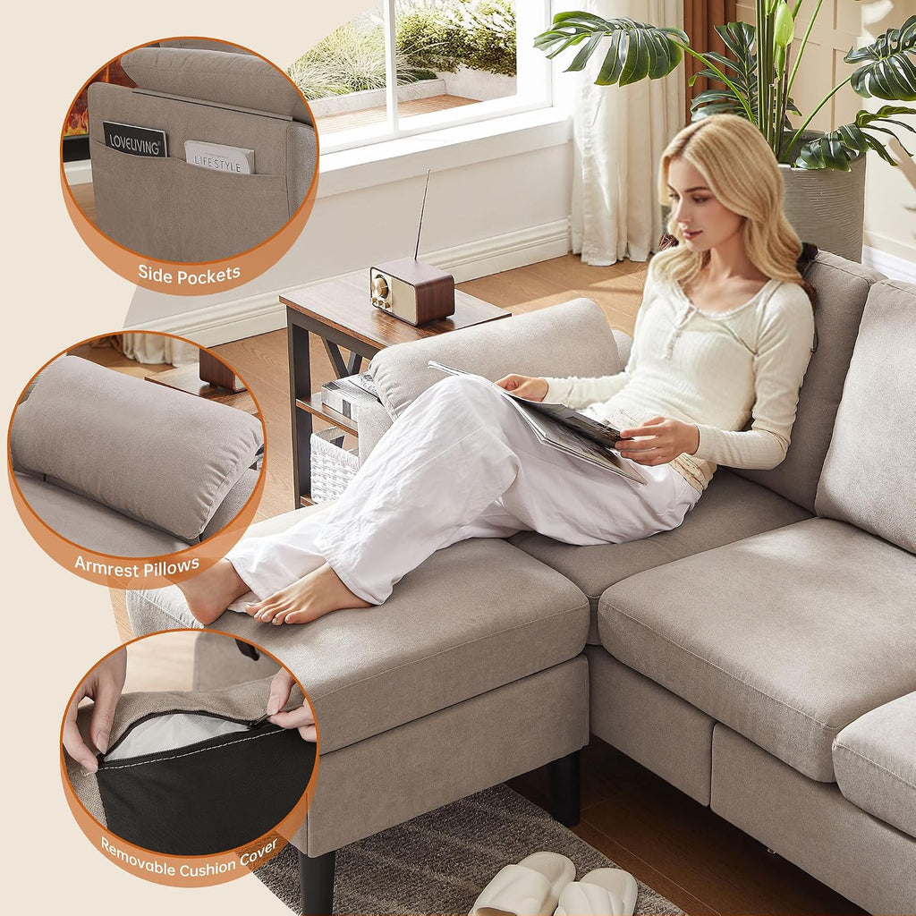 Convertible Sectional Sofa Couch with Ottoman, 79' Modern L Shaped 3 Seat Sofa, Linen Fabric Small Sectional Couch with Movable Storage Ottoman for Small Spaces Living Room (Beige)