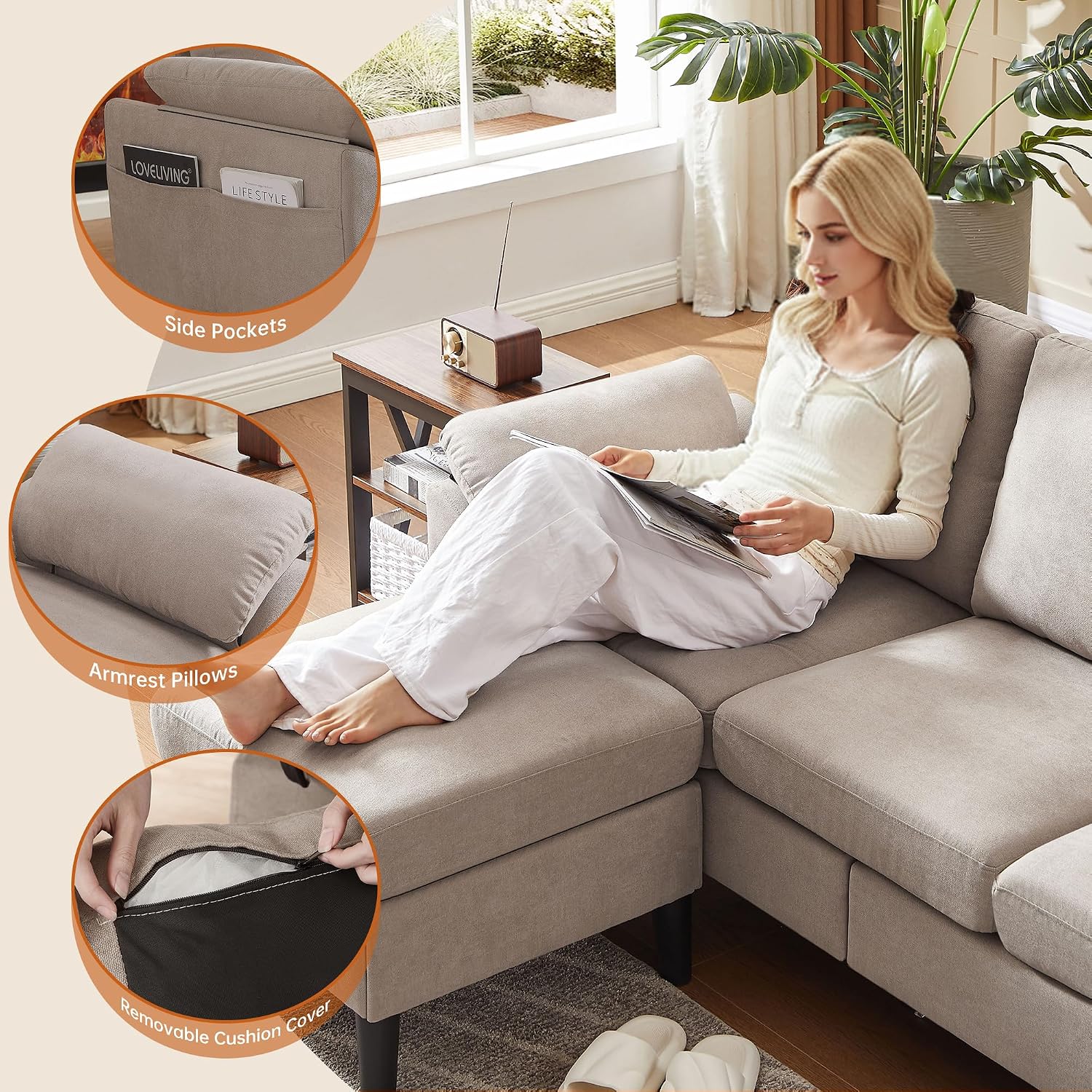 Convertible Sectional Sofa Couch with Ottoman, 79' Modern L Shaped 3 Seat Sofa, Linen Fabric Small Sectional Couch with Movable Storage Ottoman for Small Spaces Living Room (Beige)