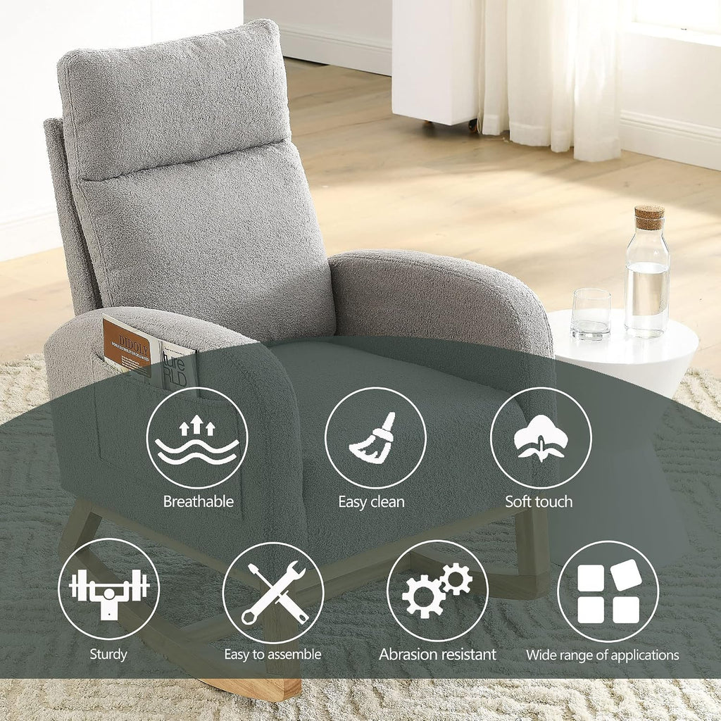 Setawix Teddy Fabric Rocking Accent Chair,Mid Century Modern Rocking Glider Armchair,Leisure Tufted Rocker Arm Chair for Nursery,Bedroom,Living Room (Teddy Light Grey, High Back)