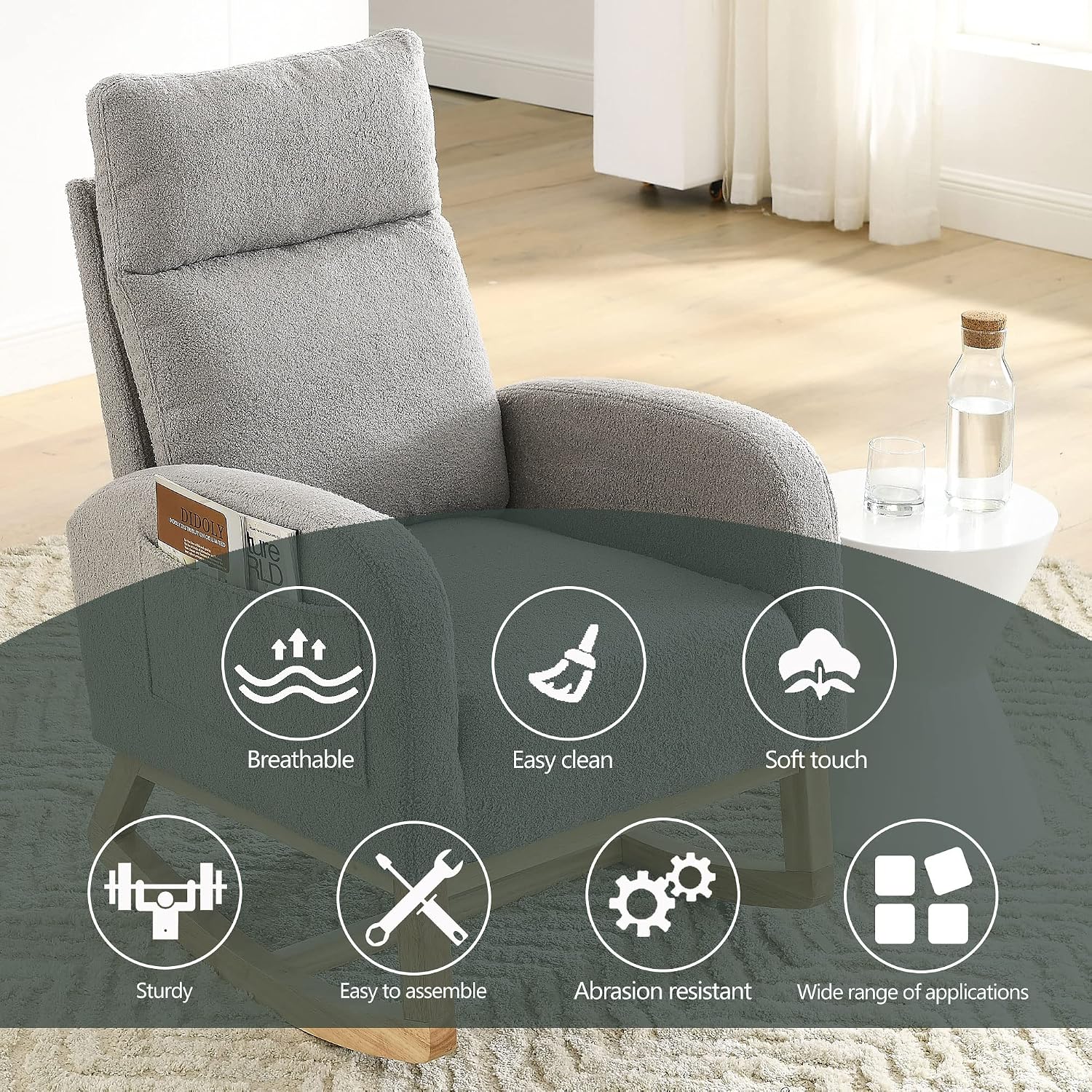 Setawix Teddy Fabric Rocking Accent Chair,Mid Century Modern Rocking Glider Armchair,Leisure Tufted Rocker Arm Chair for Nursery,Bedroom,Living Room (Teddy Light Grey, High Back)