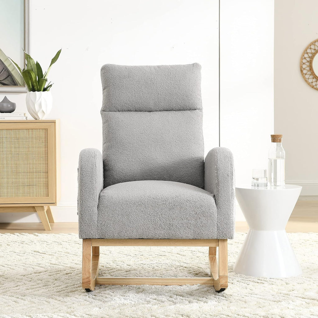 Setawix Teddy Fabric Rocking Accent Chair,Mid Century Modern Rocking Glider Armchair,Leisure Tufted Rocker Arm Chair for Nursery,Bedroom,Living Room (Teddy Light Grey, High Back)
