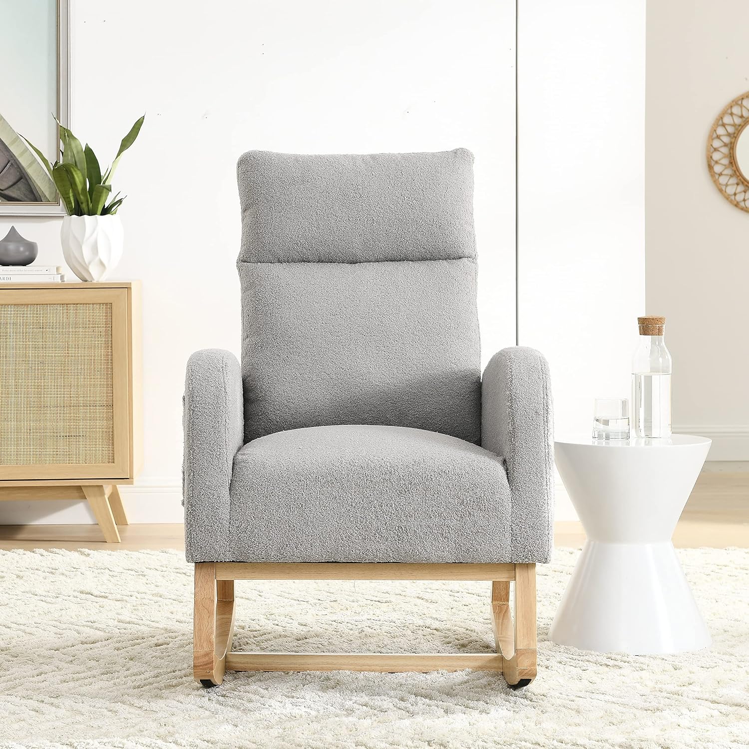 Setawix Teddy Fabric Rocking Accent Chair,Mid Century Modern Rocking Glider Armchair,Leisure Tufted Rocker Arm Chair for Nursery,Bedroom,Living Room (Teddy Light Grey, High Back)