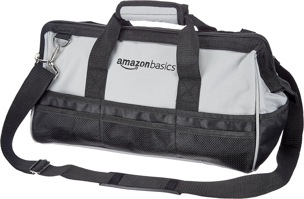 Amazon Basics Durable Wear-Resistant Tool Storage Bag with Adjustable Shoulder Strap,Portable Tool Organizer,16 in,Black & Grey,(Pack of 8)
