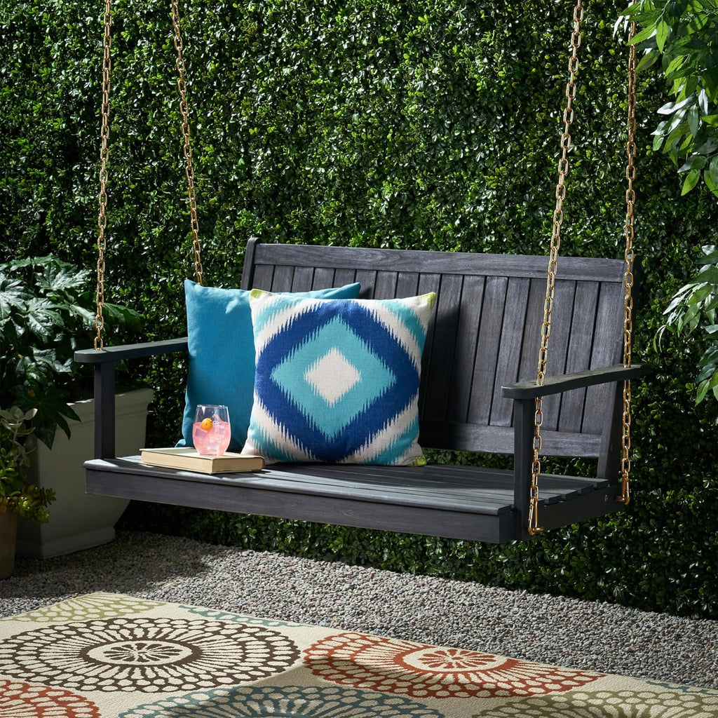 Outdoor Double Solid Wood Swing Chair, Thickened Teak Wood with backrest, Courtyard Balcony Hanging Leisure Rocking Chair, Decorating a Warm Home