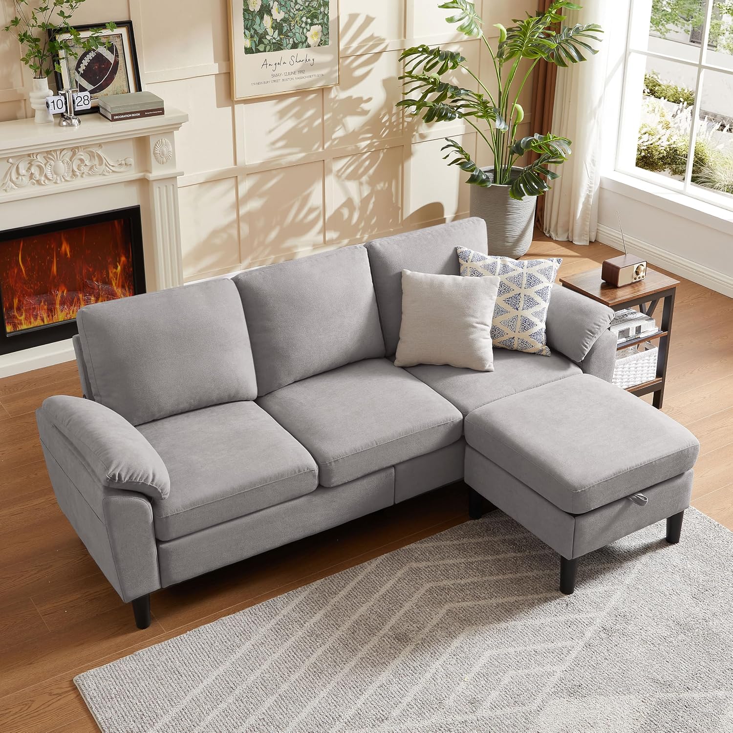 Convertible Sectional Sofa, Modern L Shaped 3-seat Sofa, 79' Linen Fabric Small Sectional Couch with Movable Ottoman, Couch for Small Spaces Living Room (Light Grey)