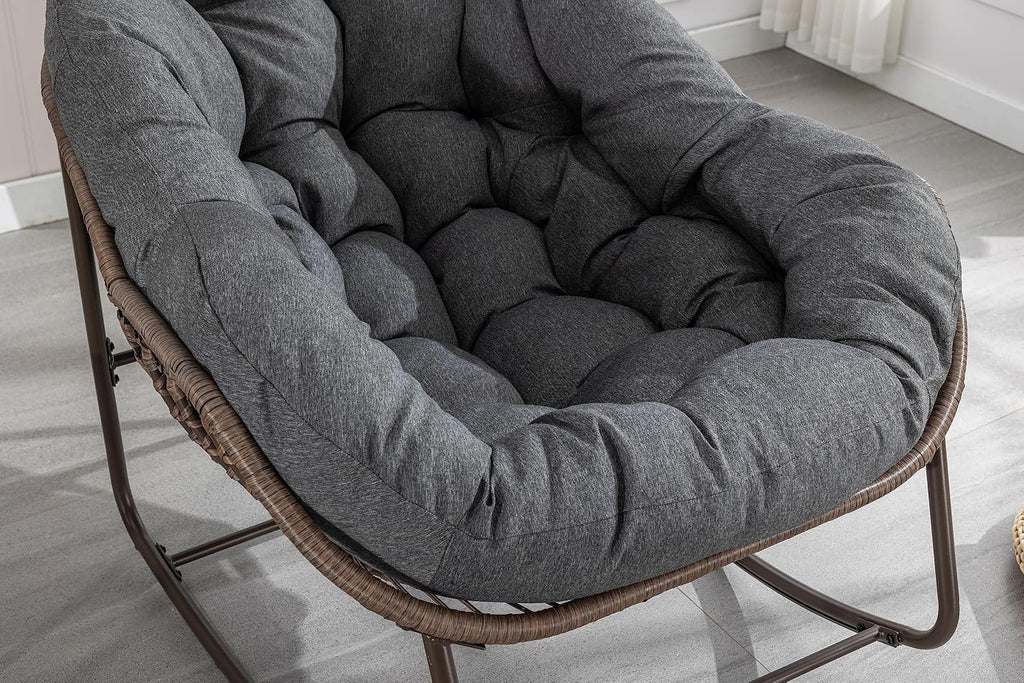 Wicker Outdoor Rocking Chair Rattan Egg Chair with Thick Cushion 30° Smooth Rocking Patio Lounge Reclining for Indoor Outdoor Use Living Room Front Porch Balcony Lawn Garden, Dark Grey
