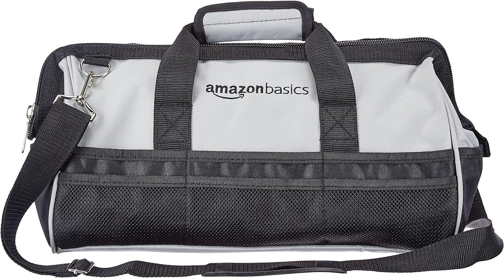 Amazon Basics Durable Wear-Resistant Tool Storage Bag with Adjustable Shoulder Strap,Portable Tool Organizer,16 in,Black & Grey,(Pack of 8)